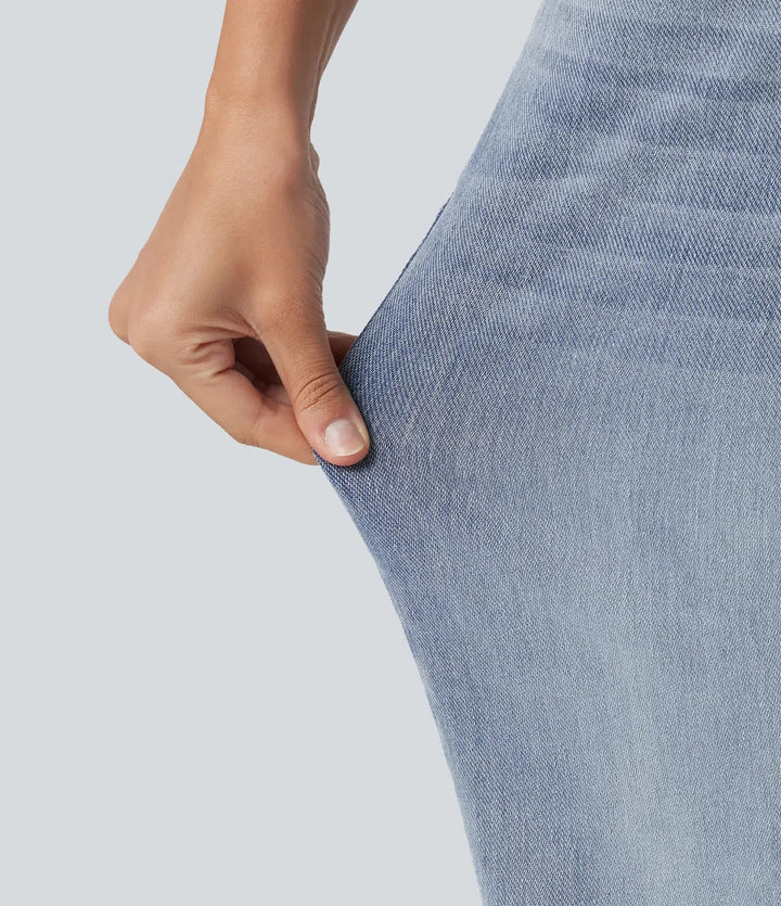 Lyckera Flex asymmetrisk medelhög midja raka ben vardagsjeans med fickor