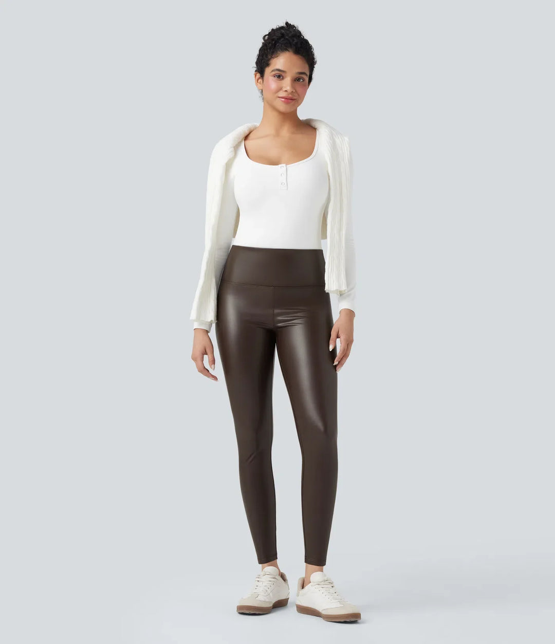 Högmidjad magkontroll stretchig PU fleece 7/8 skinny vardagsleggings med fickor