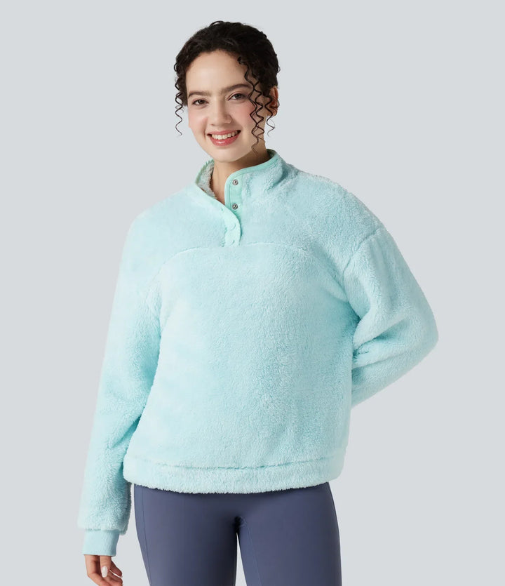 Ståkrage knapp vardaglig fleece sweatshirt