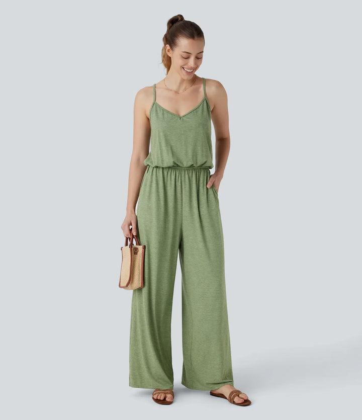 Justerbar och avtagbar rem ficka vida ben jumpsuit