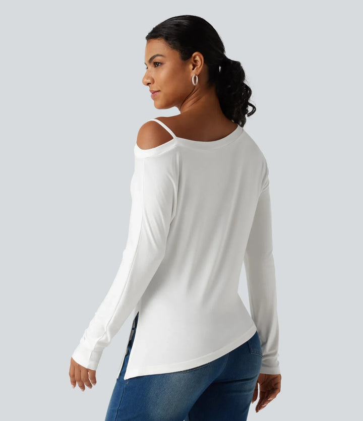 Ribbad enaxlad långärmad asymmetrisk fåll T-shirt för vardag