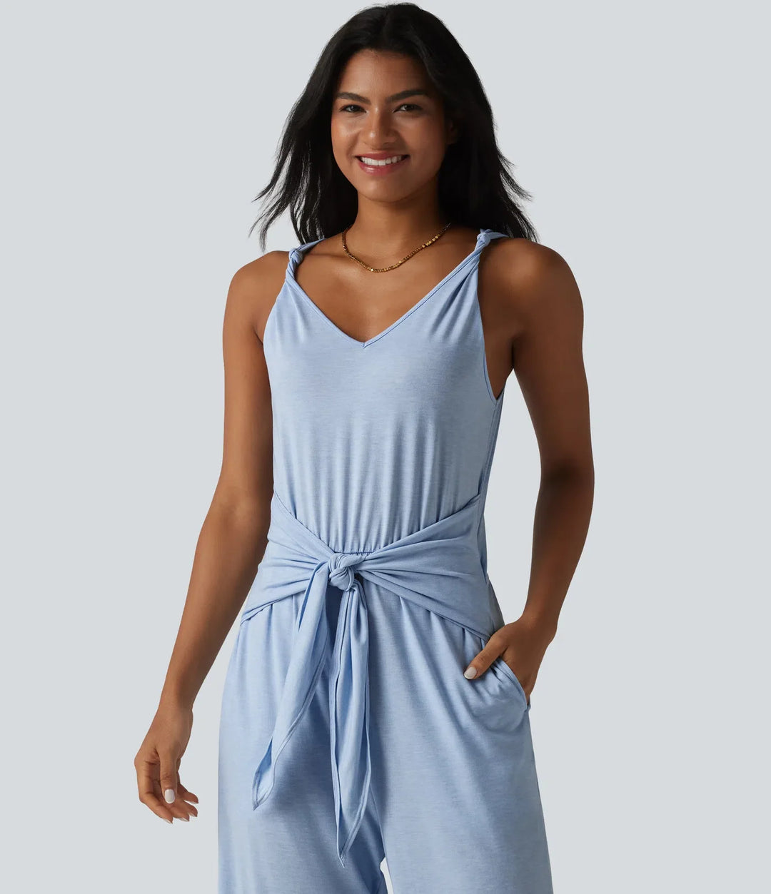 V-ringad ärmlös knytning fram vida ben vardaglig jumpsuit med fickor-Easy Peezy Edition