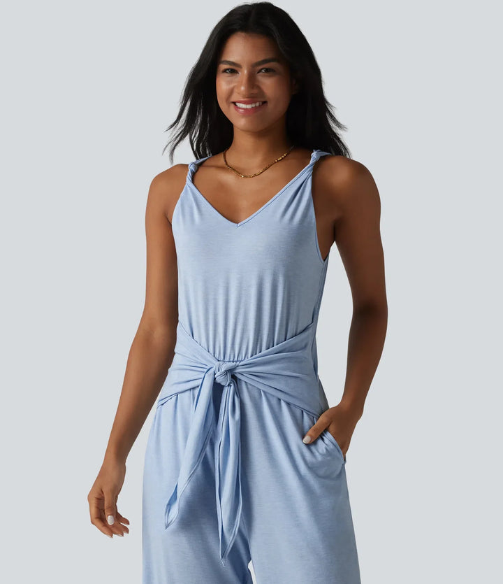 V-ringad ärmlös knytning fram vida ben vardaglig jumpsuit med fickor-Easy Peezy Edition
