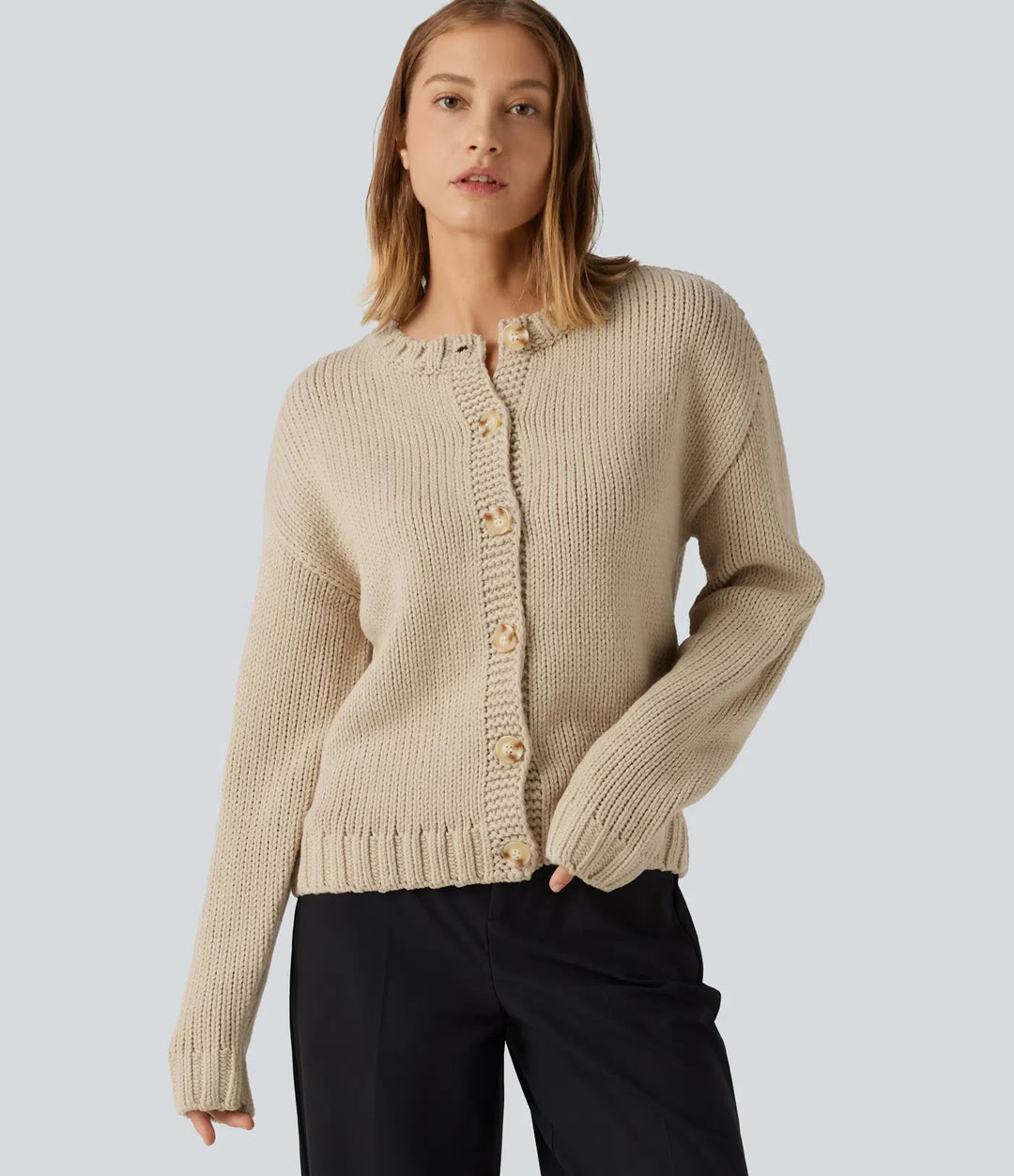 Rund hals långärmad vardaglig cardigan