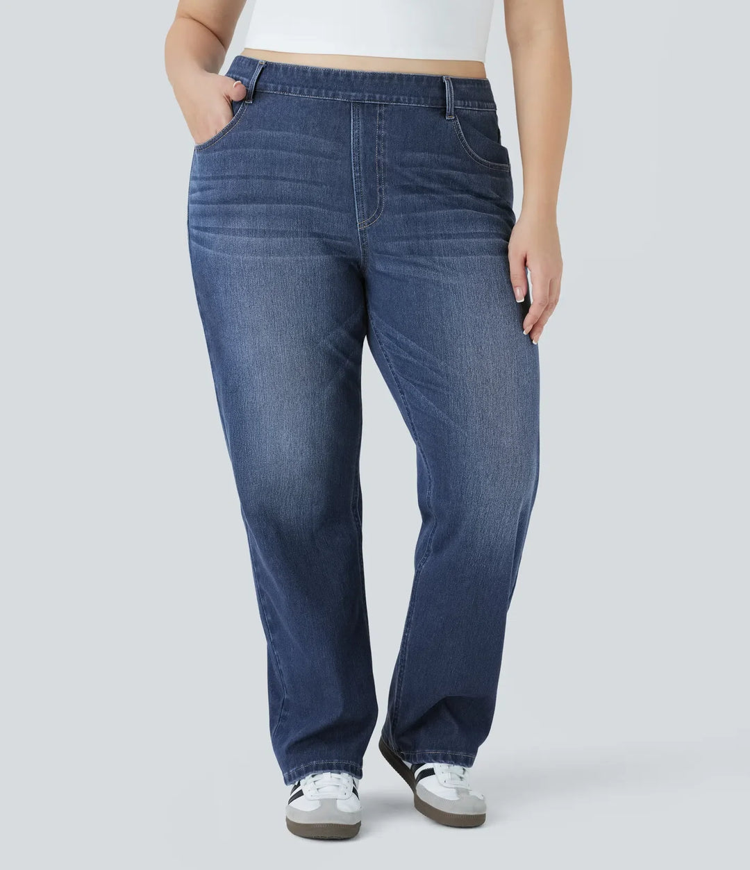 Lyckera Flex högmidjad fickor raka ben tvättad vardaglig plusstorlek jeans