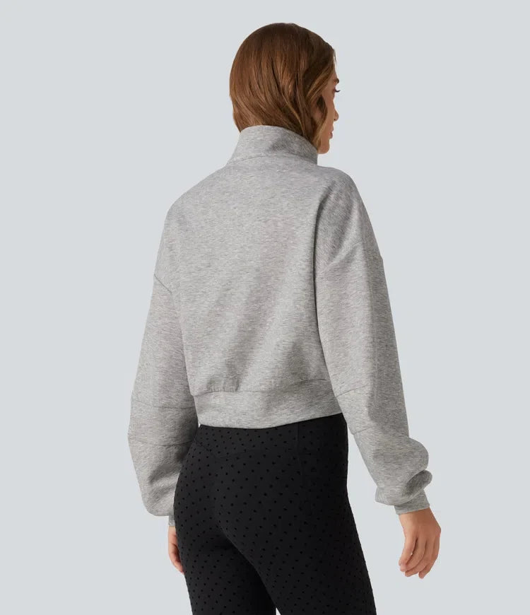 Ståkrage halv-dragkedja lång raglanärm vardaglig croppad sweatshirt