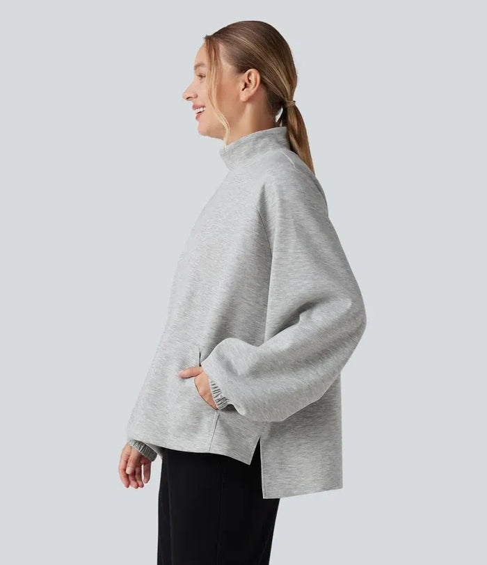 Halvpolo långärmad hög-låg vardaglig sweatshirt med ficka