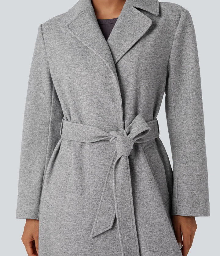 Långärmad bältad lång modell fleece vardaglig kappa med fickor