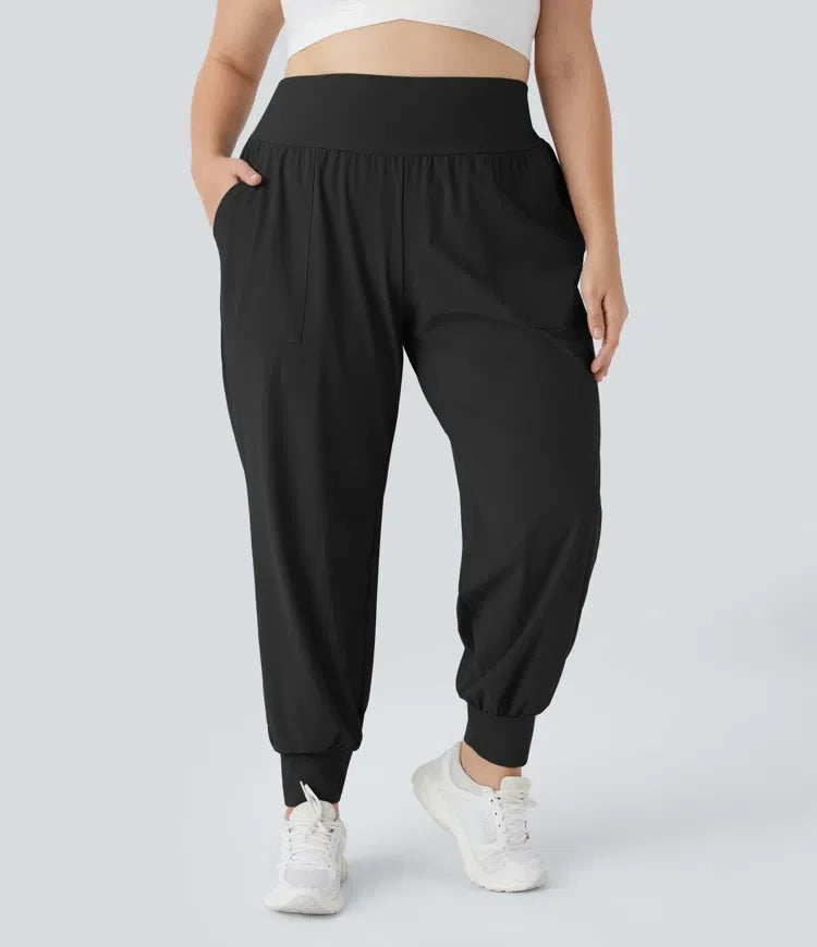 Med hög midja enfärgad ficka yoga plusstorlek joggingbyxor