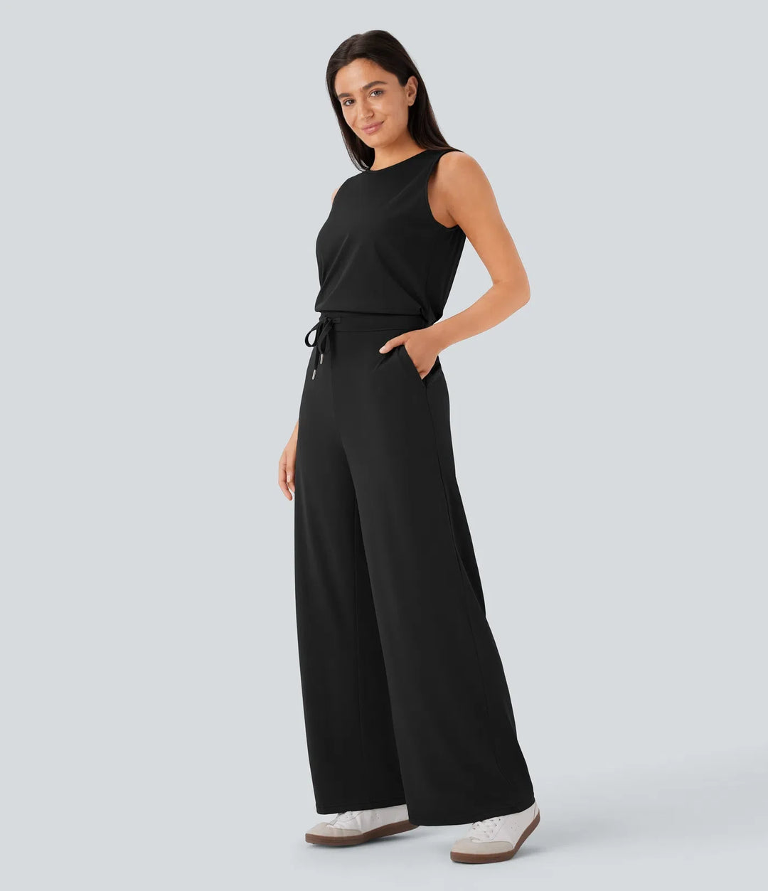 Rund hals ärmlös nyckelhålsrygg dragsko ficka vardaglig jumpsuit
