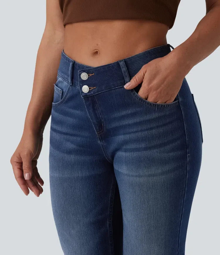 Halara Flex asymmetrisk med medelhög midja för vardag utsvängd jeans med fickor