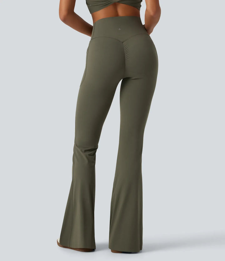 Halara UltraSculpt med hög midja omlott scrunch-effekt rumplyftande magkontroll formande yoga utsvängd leggings med fickor