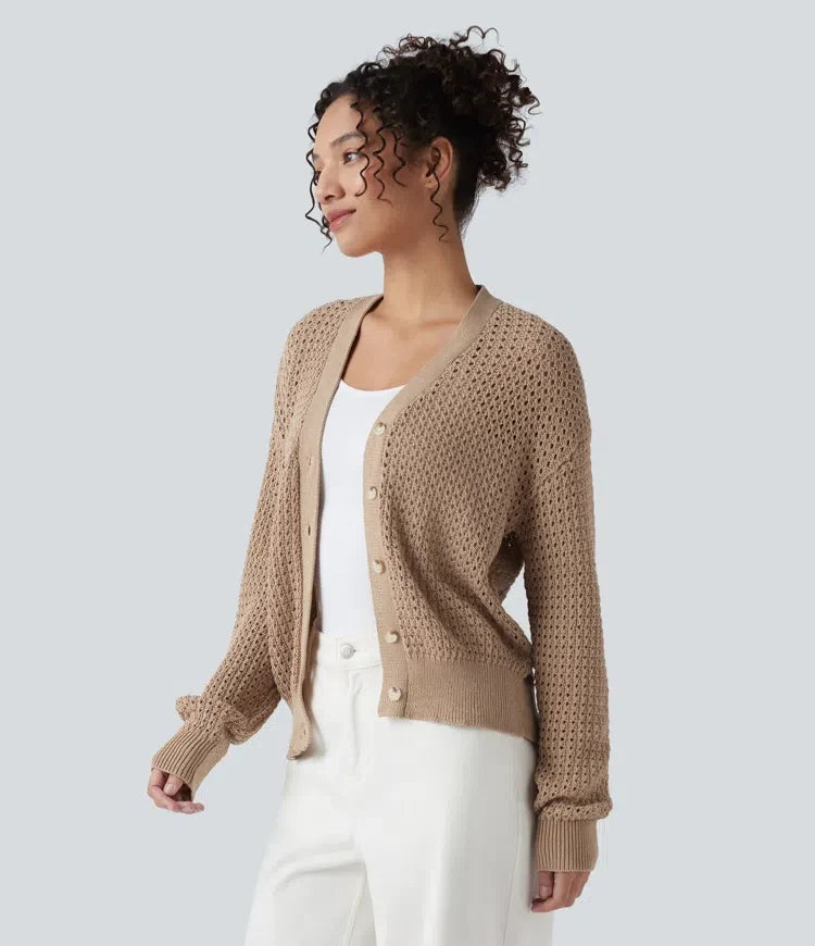 V-ringad långärmad tröja stickad vardaglig cardigan