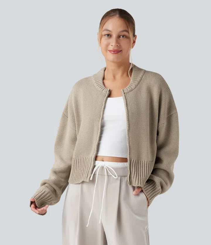 Långärmad dragkedjegylf vardaglig bomber cardigan