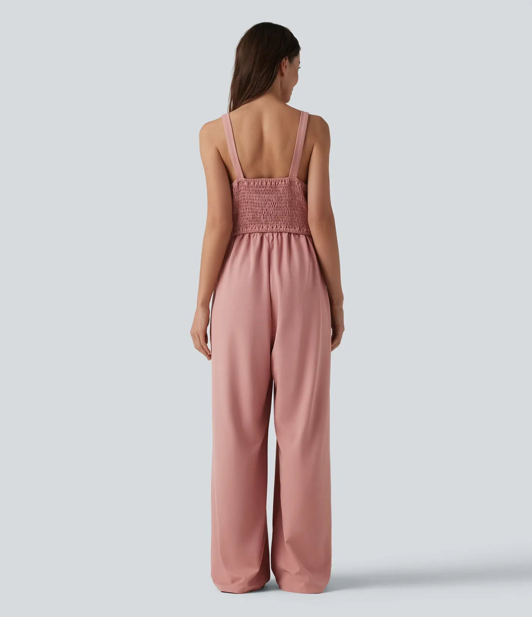 U-ringad ärmlös smockad dekorativ knappar våffelstruktur vardaglig vida ben jumpsuit med fickor-Easy Peezy