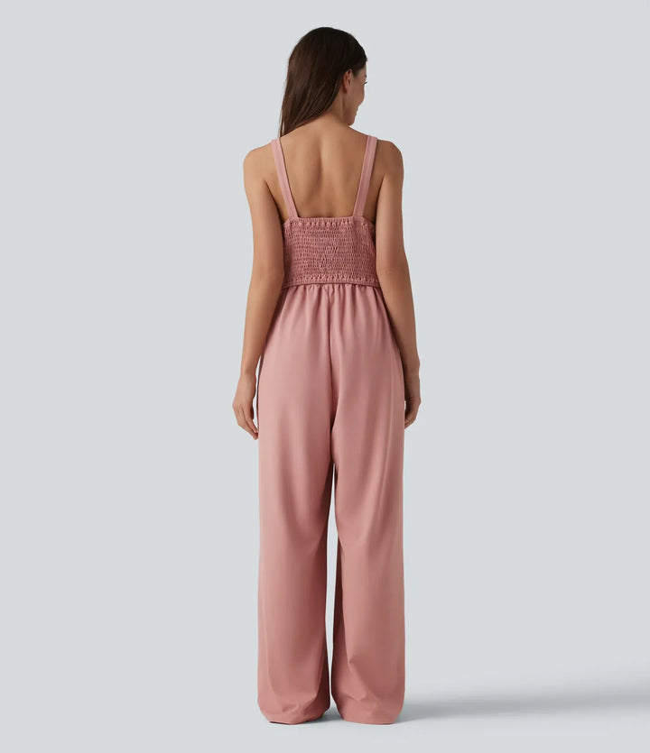 U-ringad ärmlös smockad dekorativ knappar våffelstruktur vardaglig vida ben jumpsuit med fickor-Easy Peezy