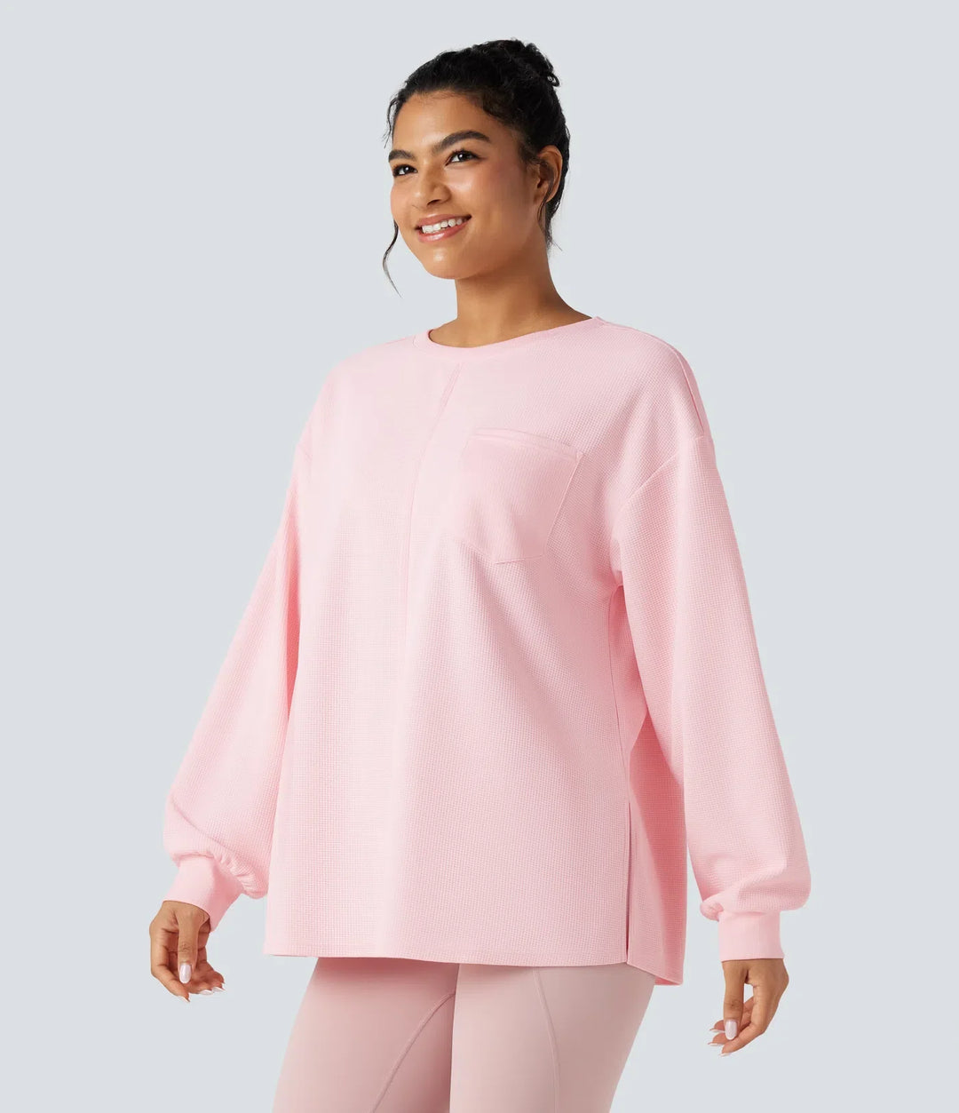 Rund hals långärmad slits fåll våffelstruktur oversized vardaglig sweatshirt med fickor