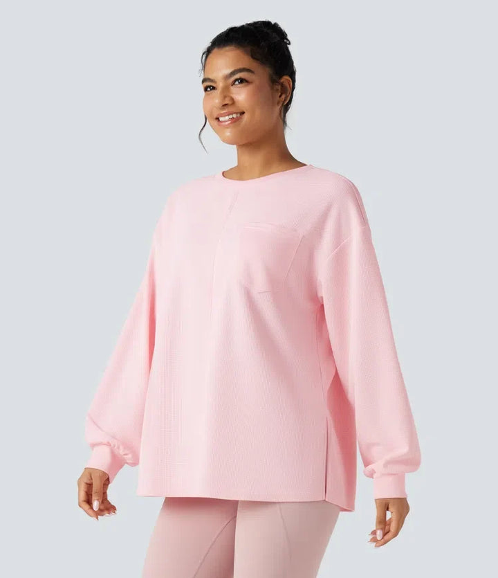 Rund hals långärmad slits fåll våffelstruktur oversized vardaglig sweatshirt med fickor