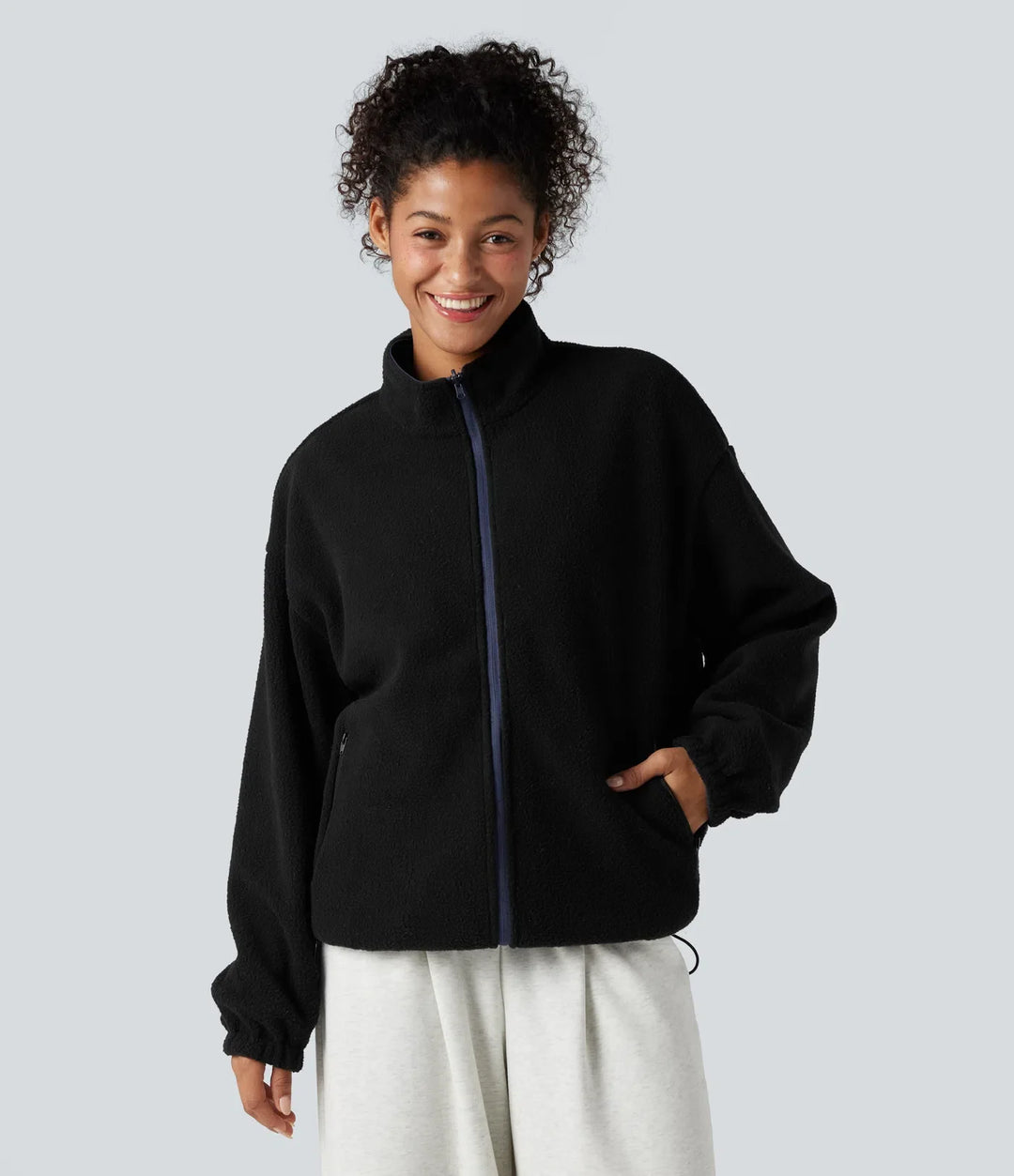 Vändbar hög hals långärmad dragkedja fleece vandringsjacka med fickor (två looks i en)