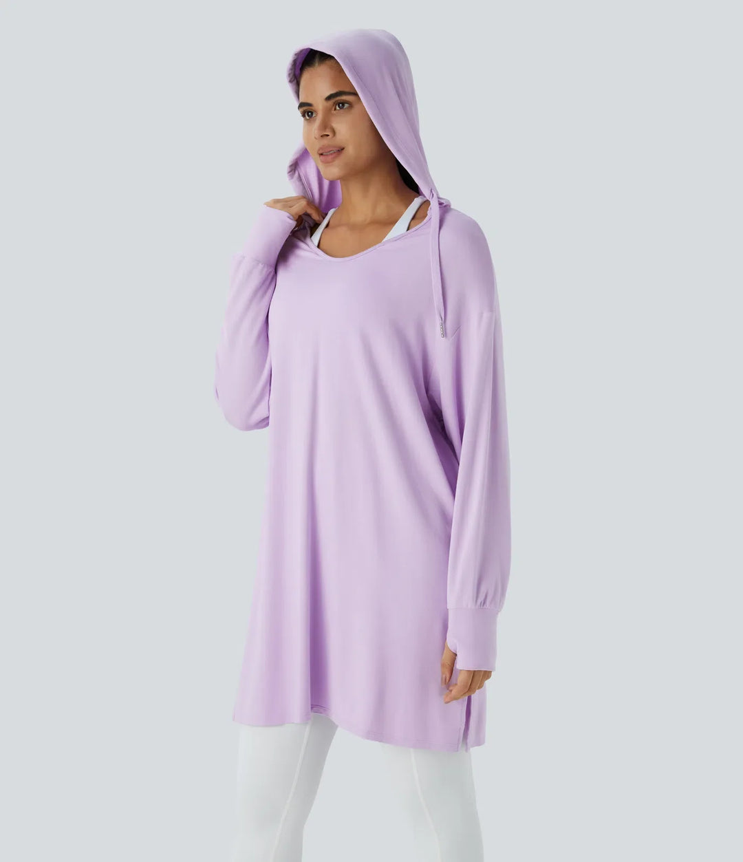 Med huva V-ringad dragsko tumhål lång modell vardaglig sweatshirt