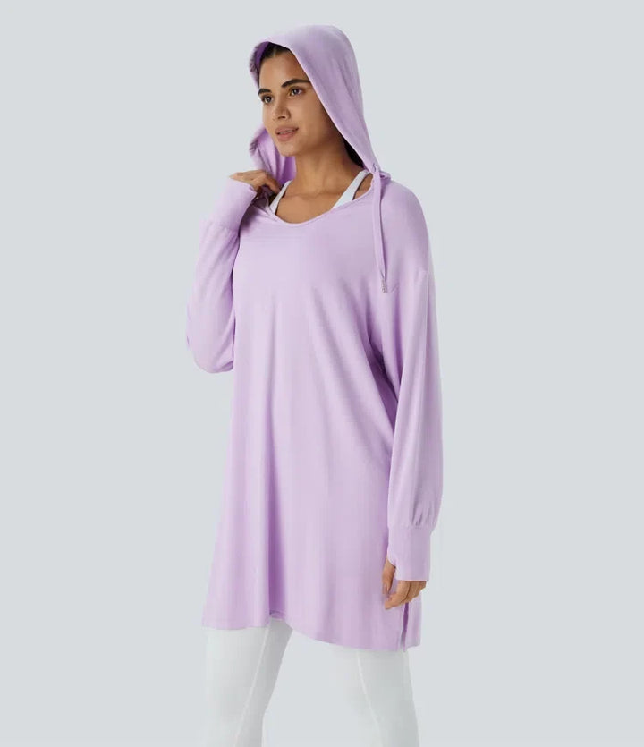 Med huva V-ringad dragsko tumhål lång modell vardaglig sweatshirt