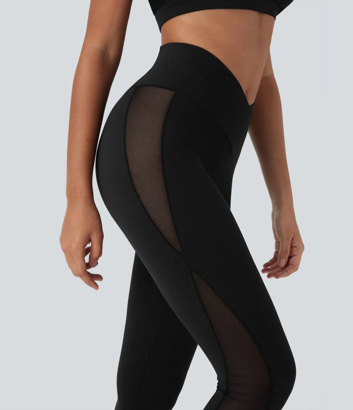 SoftlyZero crossover högmidjad kontrastmesh yogaleggings med ficka