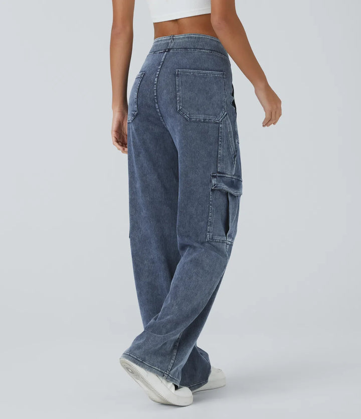 Lyckera Flex medelhög midja fickor raka ben vardaglig cargo jeans