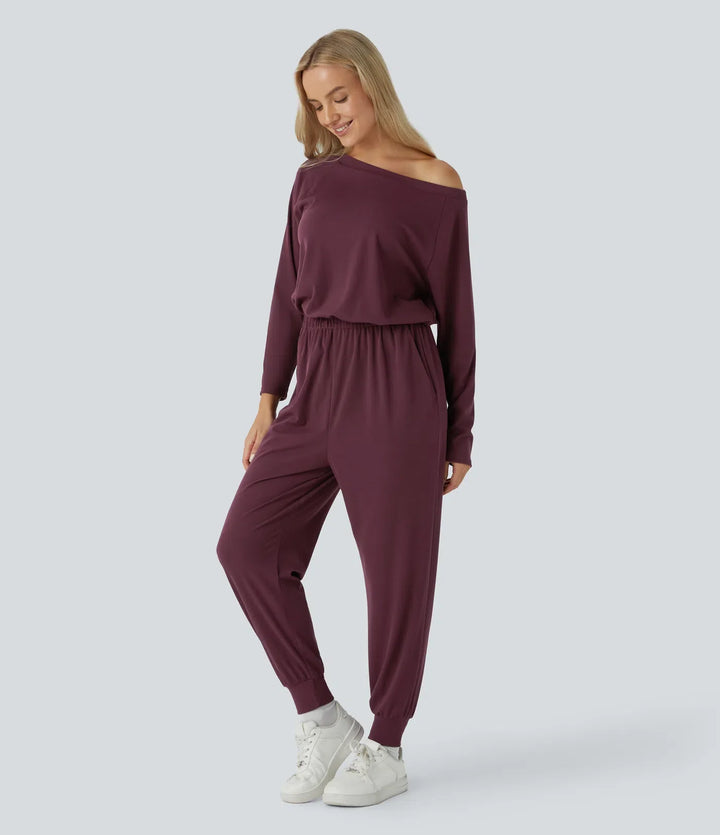 Bara axlar långärmad ficka våffelstruktur vardaglig jumpsuit