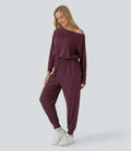 Bara axlar långärmad ficka våffelstruktur vardaglig jumpsuit