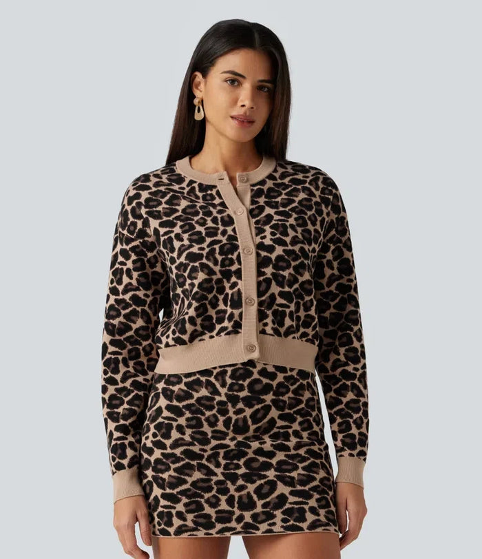 Rund hals långärmad leopardmönster vardaglig cardigan