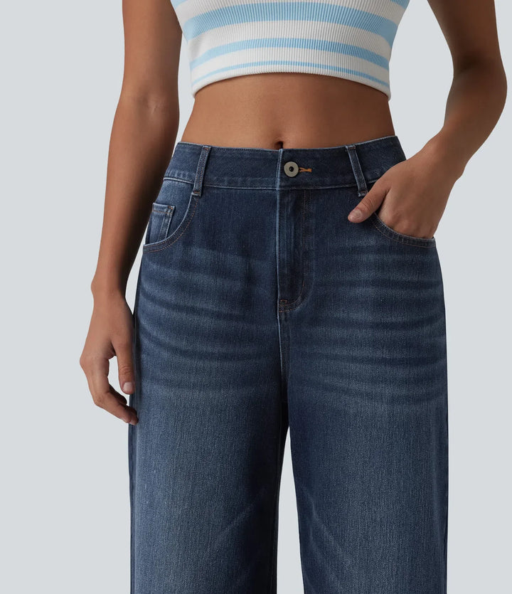 Halara Flex med medelhög midja tvättad baggy vida ben vardagsjeans med fickor