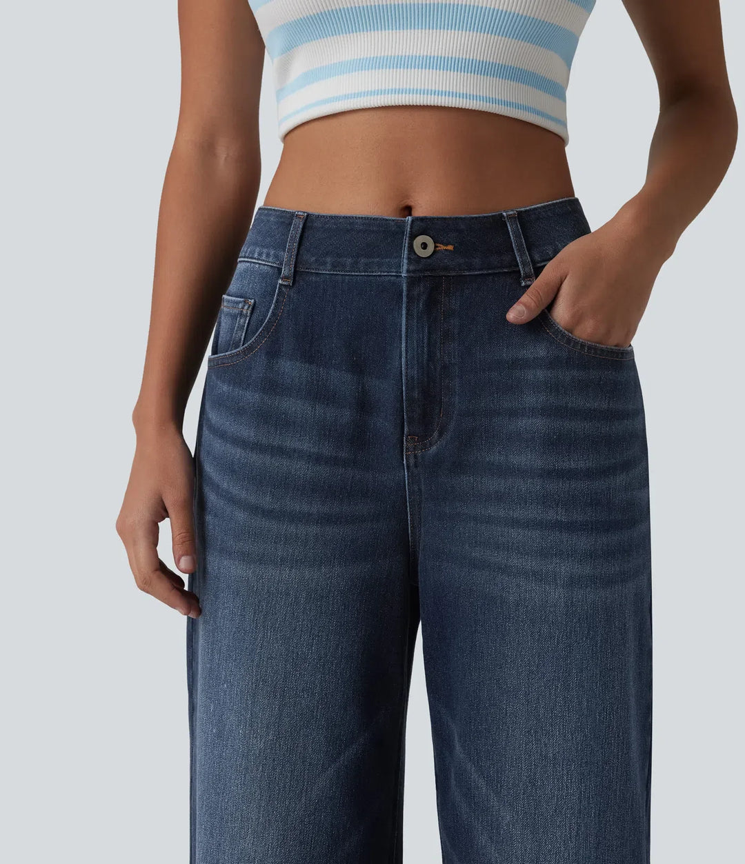 Lyckera Flex medelhög midja tvättad baggy vida ben vardagsjeans med fickor
