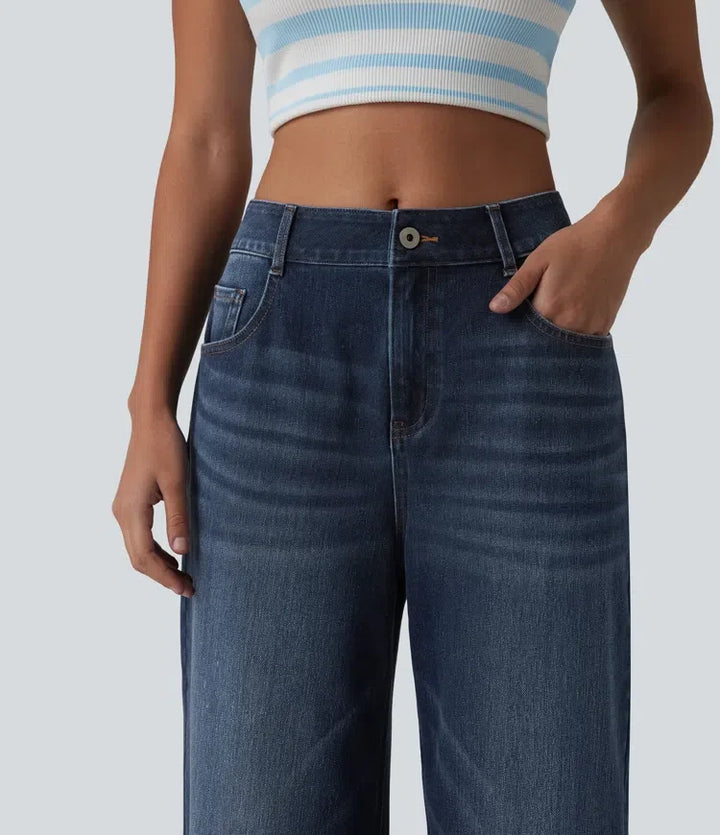 Lyckera Flex medelhög midja tvättad baggy vida ben vardagsjeans med fickor