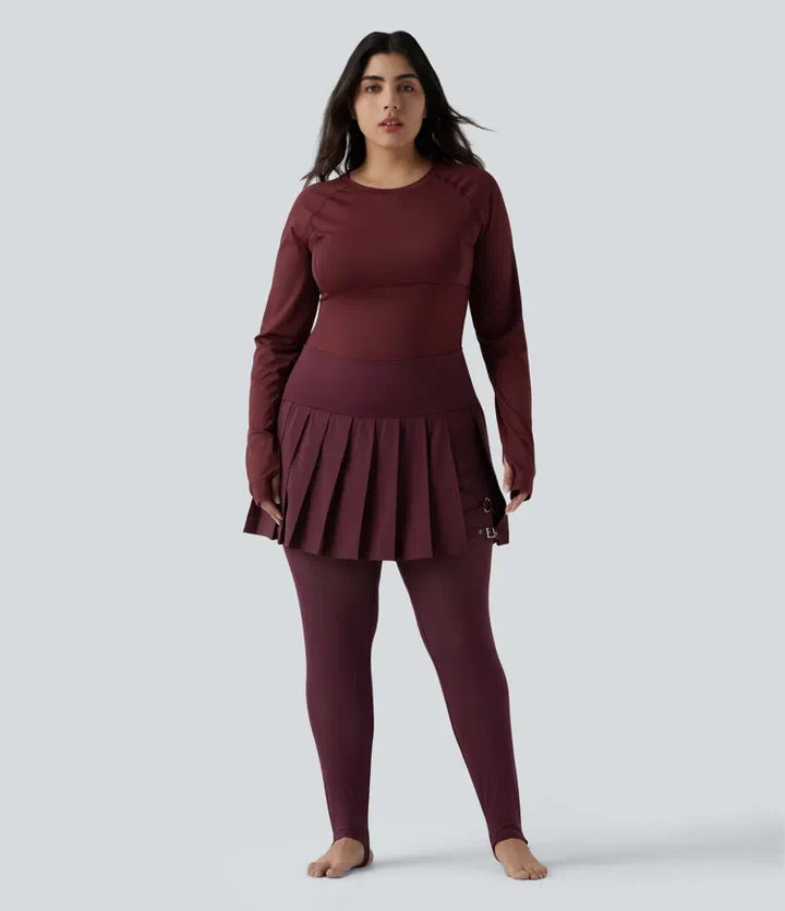 Breezeful med hög midja plisserad 2-i-1 kontrastmesh snabbtorkande dans plusstorlek stigbygel leggings med kjol med fickor