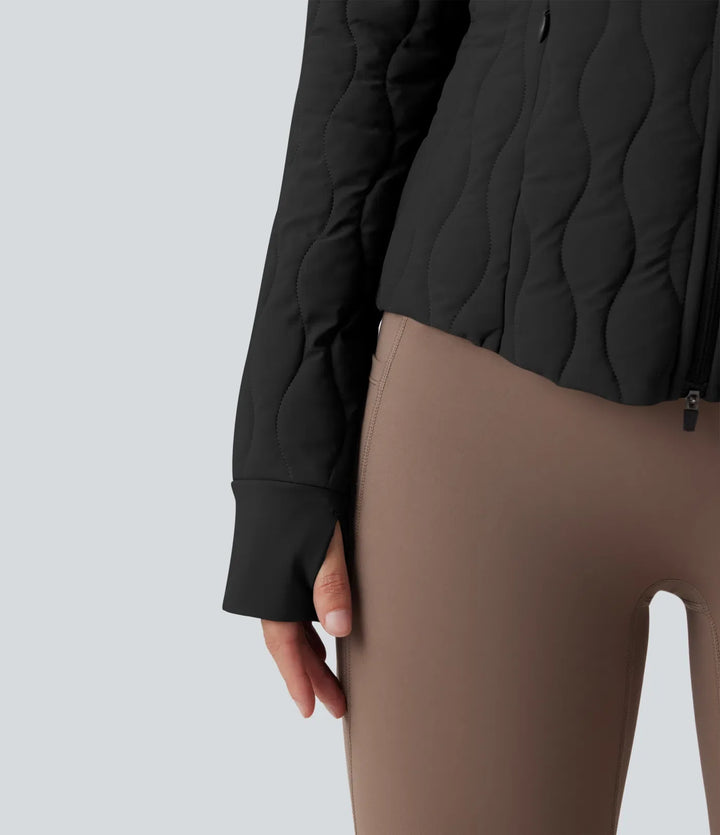 PuffFlex hög hals tumhål stretchig träning vadderad jacka med fickor-packbar hals Pillow
