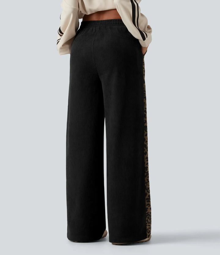 Medelhög midja leopardmönster manchester raka ben vardagsbyxor med fickor