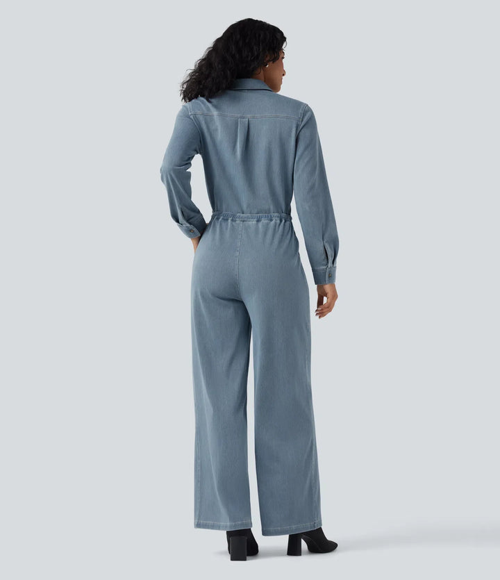 Lyckera Flex långärmad dragsko vida ben tvättad denim vardaglig jumpsuit med fickor-Easy Peezy Edition