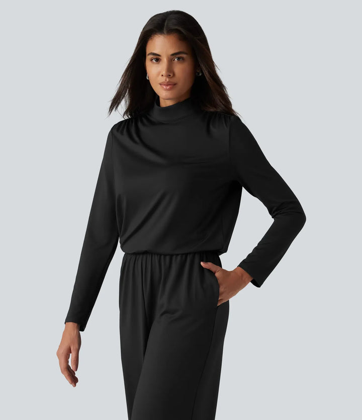 Ståkrage långärmad raka ben jumpsuit med fickor-Easy Peezy Edition
