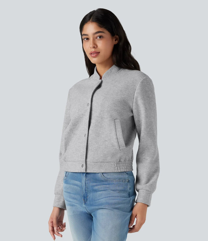 Ståkrage långärmad fleece vardaglig bomber jacka med fickor