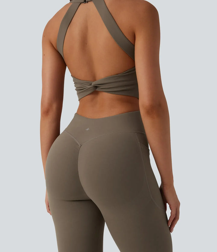 Lyckera UltraSculpt vriden rygglös magkontroll rumplyftande bootcut träning jumpsuit med fickor-Easy Peezy Edition