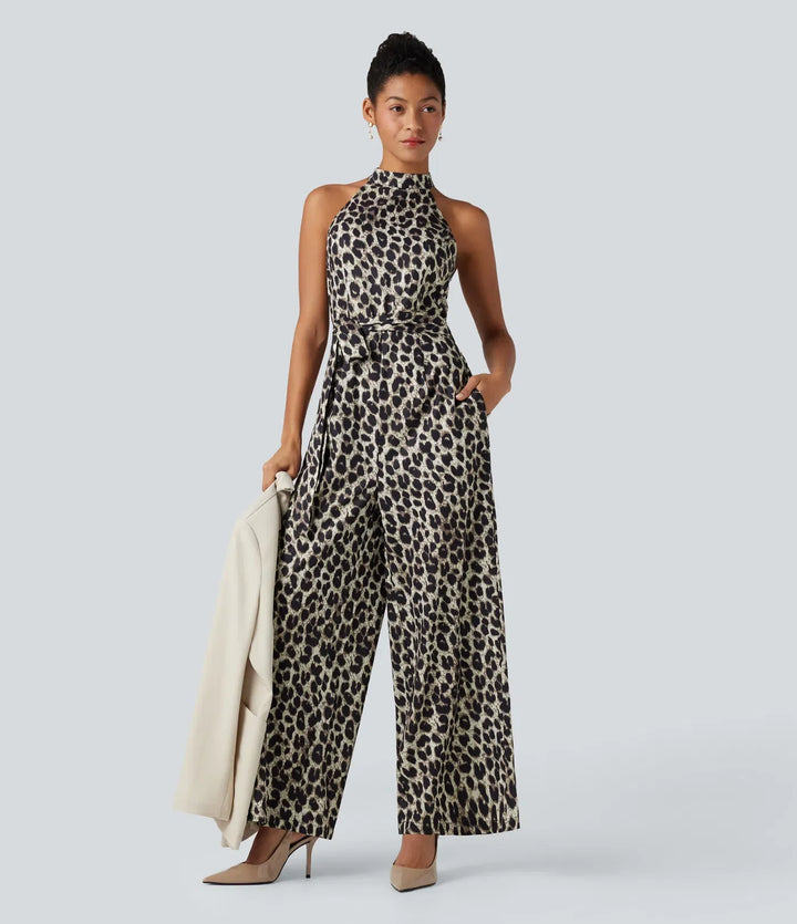 Halterneck ärmlös bältad leopard fest jumpsuit med fickor