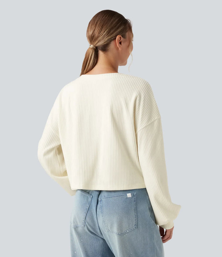 Ribbstickad rund hals långärmad vriden fåll vardaglig sweatshirt