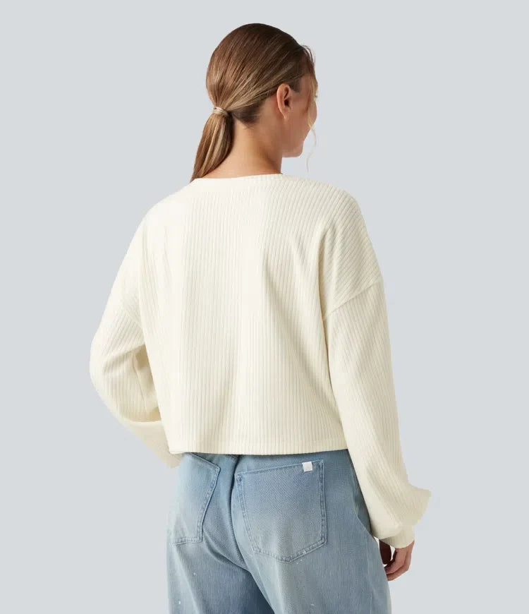 Ribbstickad rund hals långärmad vriden fåll vardaglig sweatshirt