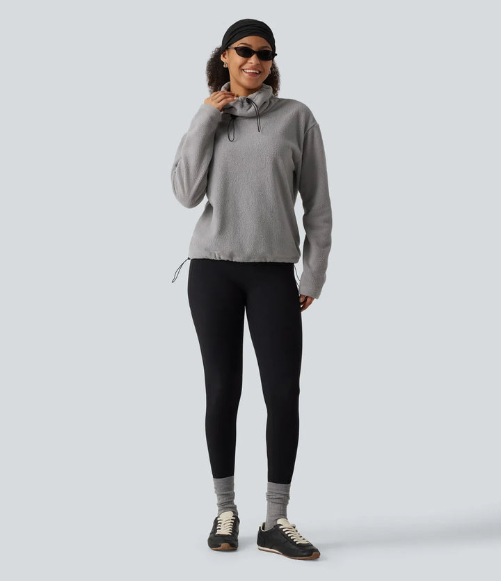 Hög hals dragsko långärmad rynksöm i fållen fleece vardaglig sweatshirt