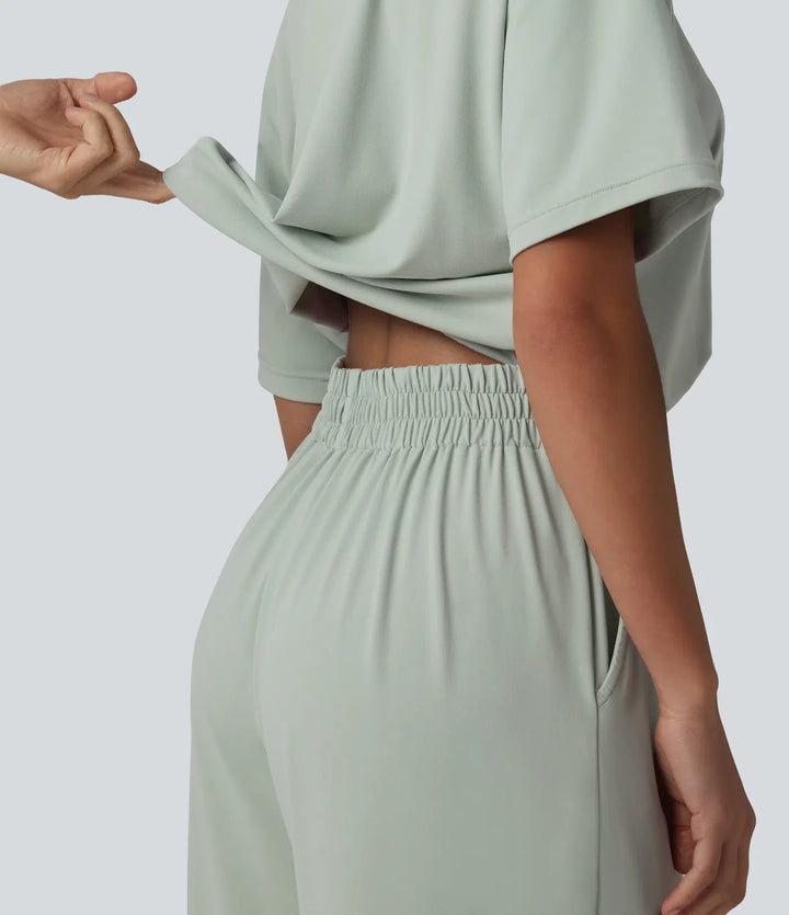 Båtringad kortärmad dragsko baggy vardaglig jumpsuit med fickor-Easy Peezy Edition