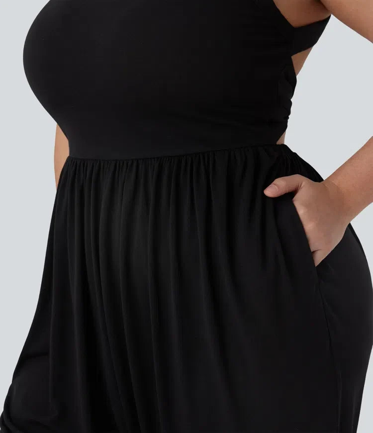 Haremsmodell för vardag plusstorlek jumpsuit med ficka – Easy Peezy-utgåva