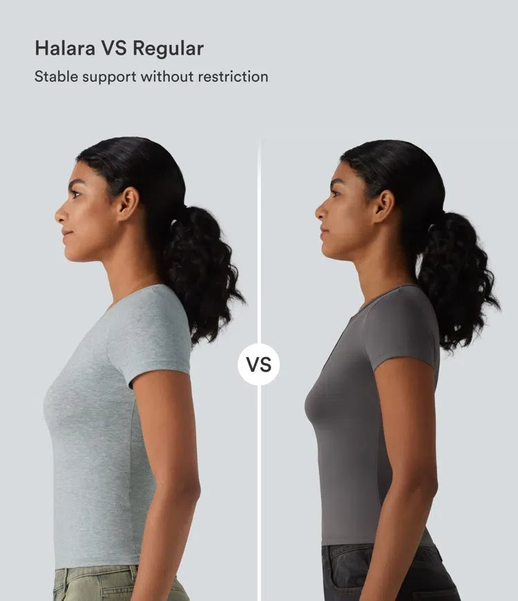 Halara bomullsjersey djup rund halsringning kortärmad inbyggd bh T-shirt för vardag B-DD kupor