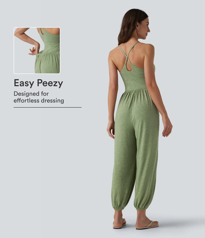 Korsad rygglös ärmlös inbyggd BH melerad vardaglig jumpsuit med fickor-Easy Peezy
