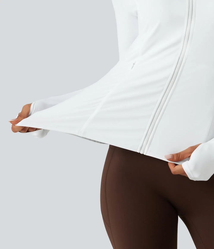 SoftlyZero luftig ståkrage långärmad tumhål hålbroderi volangfåll InstantCool yogajacka med fickor-UPF50+
