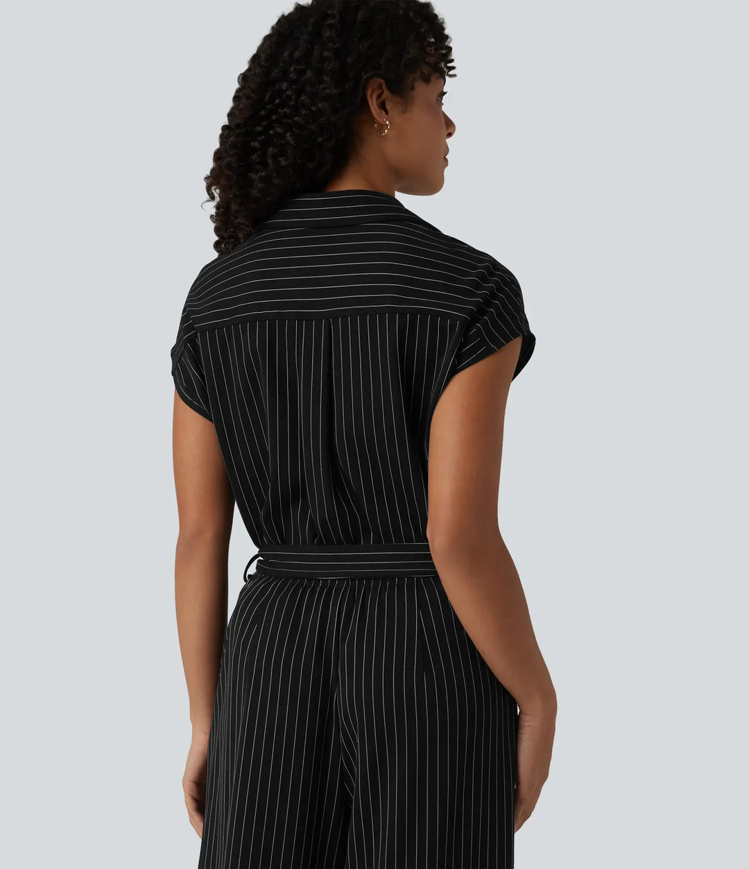 Kortärmad bältad randig InstantCool arbetsskjorta jumpsuit med fickor-Easy Peezy Edition
